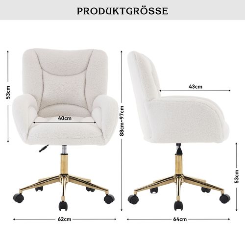 Fauteuil De Bureau Tissu Teddy Blanc Pivotante Avec Base Métal Doré Réglable Et Roulettes 360°