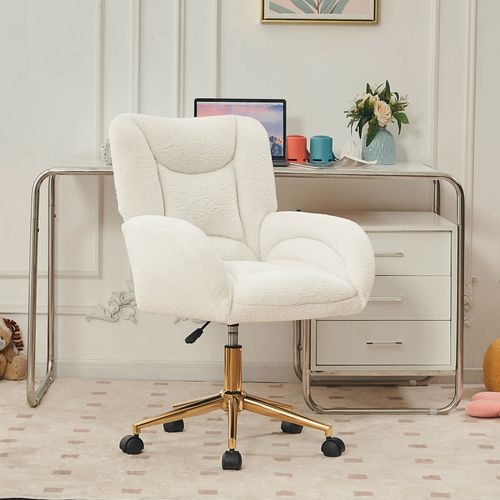Fauteuil De Bureau Tissu Teddy Blanc Pivotante Avec Base Métal Doré Réglable Et Roulettes 360°