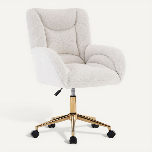 Fauteuil De Bureau Tissu Teddy Blanc Pivotante Avec Base Métal Doré Réglable Et Roulettes 360°
