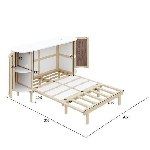 Lit Escamotable Rabattable 140x200 Cm, Bois Naturel Avec 2 Portes Et Rangements, Sommier à Lattes