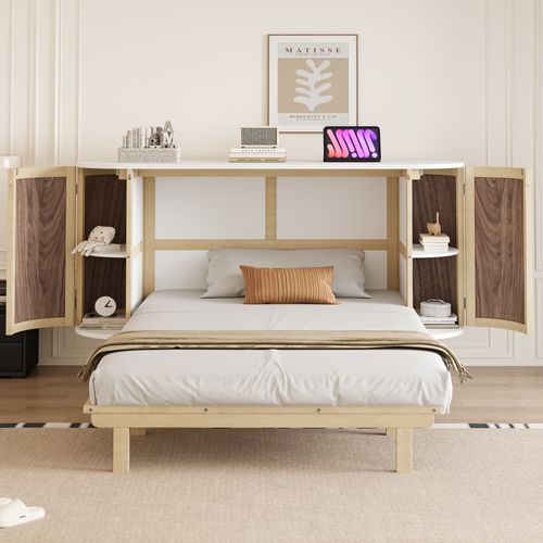 Lit Escamotable Rabattable 140x200 Cm, Bois Naturel Avec 2 Portes Et Rangements, Sommier à Lattes