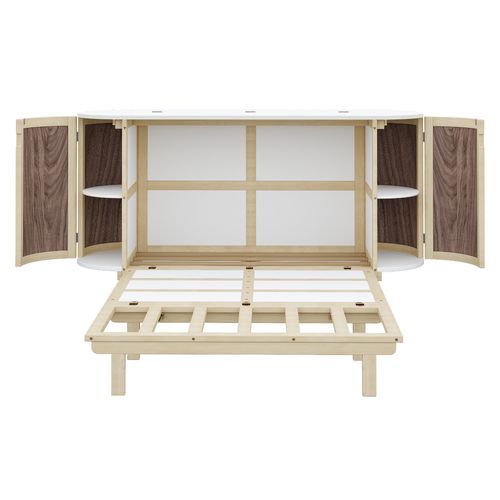 Lit Escamotable Rabattable 140x200 Cm, Bois Naturel Avec 2 Portes Et Rangements, Sommier à Lattes