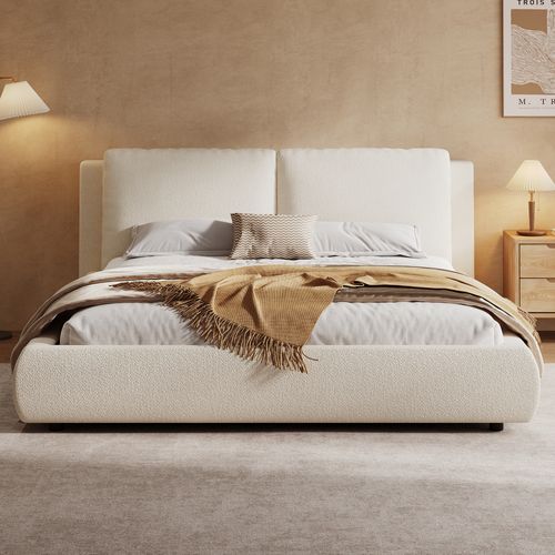 Lit Coffre 180x200 Cm 2 Places, Rangement, Tissu Bouclé Beige, Tête Doux Et Sommier à Lattes