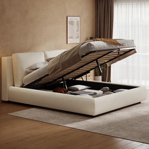 Lit Coffre 180x200 Cm 2 Places, Rangement, Tissu Bouclé Beige, Tête Doux Et Sommier à Lattes