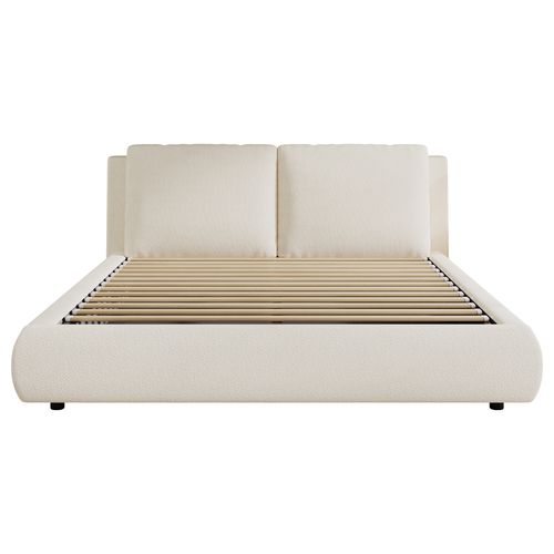 Lit Coffre 180x200 Cm 2 Places, Rangement, Tissu Bouclé Beige, Tête Doux Et Sommier à Lattes