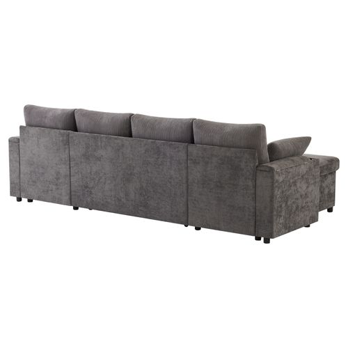 Canapé D'angle Convertible En U 4 Places, 2 Coffres De Rangements Et Porte-gobelets, Tissu Gris