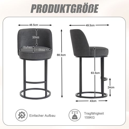 Lot De 2 Tabourets De Bar 88.5x49.5 Cm, Lin Gris, Pieds En Métal Noir, Dossier Haut, Assise 63,5 Cm