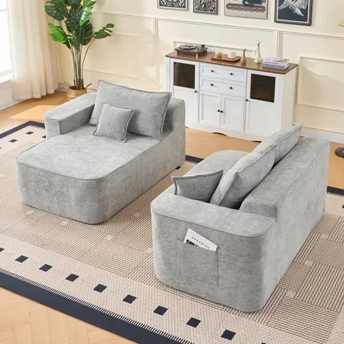 Canapé D’angle 3 Places Modulable En Chenille Grise 262 Cm, Assise Profonde