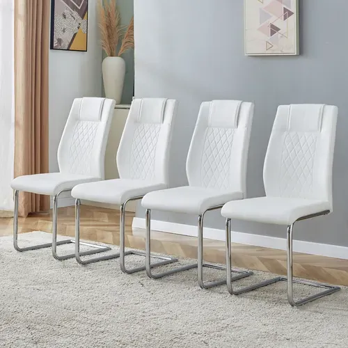 Lot De 4 Chaises Salle à Manger En Pu Blanc, Pieds Métal Argenté