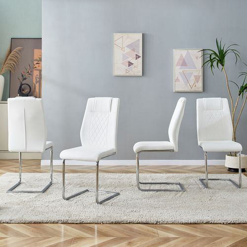 Lot De 4 Chaises Salle à Manger En Pu Blanc, Pieds Métal Argenté