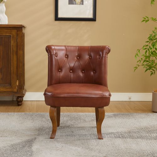 Fauteuil 56x60.5x72.5 Cm En Simili Marron Avec Pieds En Bois Et Dossier à Boutons