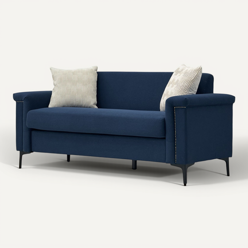 Canapé 2 Places 172 Cm En Lin Bleu Avec Pieds Métal Noirs Et Clous Décoratifs