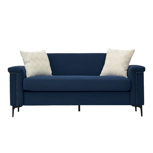 Canapé 2 Places 172 Cm En Lin Bleu Avec Pieds Métal Noirs Et Clous Décoratifs