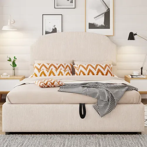 Lit Coffre Adulte 140x200 Cm Avec Rangements, Tissu Beige, Sommier à Lattes