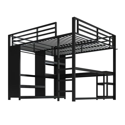Lit Mezzanine Adulte 160x200 Cm LED Avec Bureau, Penderie, Rangements, Métal Noir