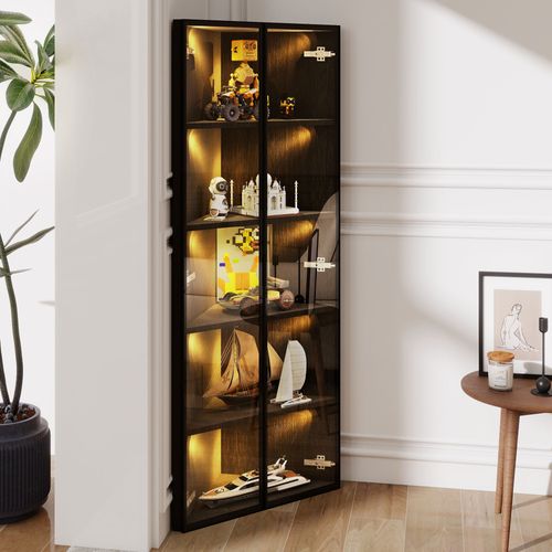 Vitrine D’angle 62x35x160 Cm Avec LED Et 2 Portes En Verre Trempé, Mdf Noir