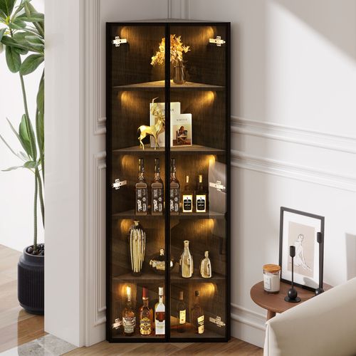 Vitrine D’angle 62x35x160 Cm Avec LED Et 2 Portes En Verre Trempé, Mdf Noir