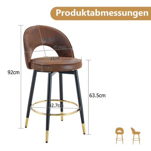 Lot De 2 Tabourets De Bar Pivotant En Simili Brun, Pieds Métal Et Détails Dorés