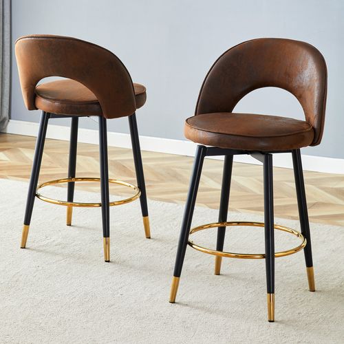 Lot De 2 Tabourets De Bar Pivotant En Simili Brun, Pieds Métal Et Détails Dorés