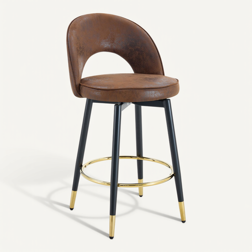 Lot De 2 Tabourets De Bar Pivotant En Simili Brun, Pieds Métal Et Détails Dorés