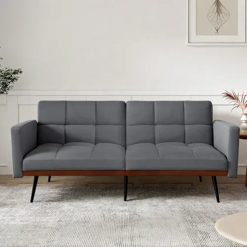 Canapé Convertible 2 Places 146 Cm En Lin Gris, Dossier 5 Positions, Accoudoirs Fixes, Pieds Métal