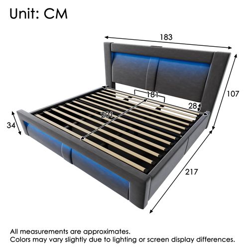Lit Coffre 180x200 Cm Velours Gris Avec LED, Ports USB/type-c Et Sommier à Lattes