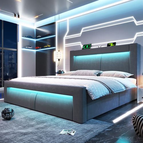 Lit Coffre 180x200 Cm Velours Gris Avec LED, Ports USB/type-c Et Sommier à Lattes