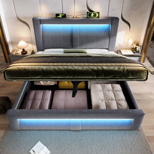 Lit Coffre 180x200 Cm Velours Gris Avec LED, Ports USB/type-c Et Sommier à Lattes