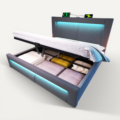 Lit Coffre 180x200 Cm Velours Gris Avec LED, Ports USB/type-c Et Sommier à Lattes