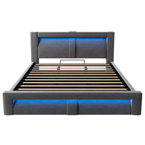 Lit Coffre 180x200 Cm Velours Gris Avec LED, Ports USB/type-c Et Sommier à Lattes