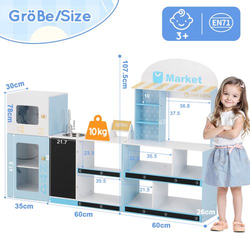 Magasin De Jeu Enfant Bois Et Plastique Bleu Avec Étagères, 90x155x107,5 Cm