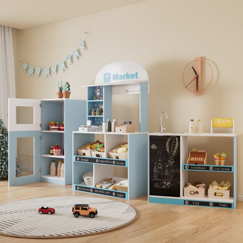 Magasin De Jeu Enfant Bois Et Plastique Bleu Avec Étagères, 90x155x107,5 Cm