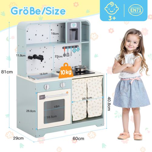Cuisine Jouet Enfant 29x60x81 Cm Bois Bleu, Machine à Glaçons et Micro-ondes, Avec Rangements
