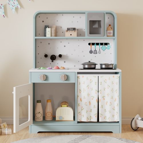 Cuisine Jouet Enfant 29x60x81 Cm Bois Bleu, Machine à Glaçons et Micro-ondes, Avec Rangements