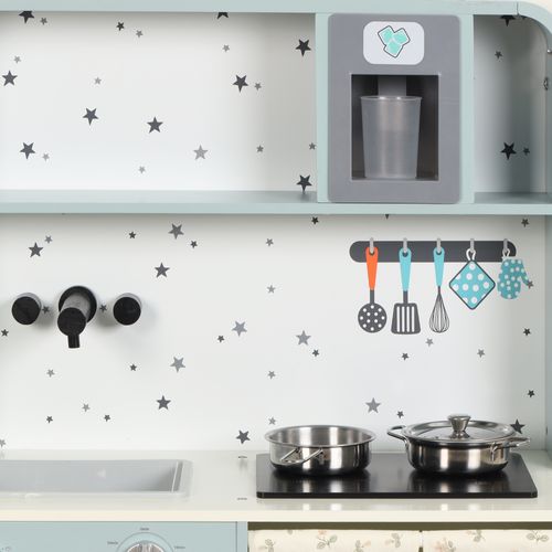Cuisine Jouet Enfant 29x60x81 Cm Bois Bleu, Machine à Glaçons et Micro-ondes, Avec Rangements