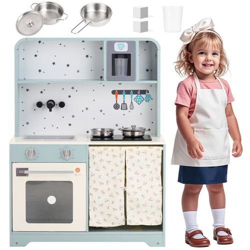 Cuisine Jouet Enfant 29x60x81 Cm Bois Bleu, Machine à Glaçons et Micro-ondes, Avec Rangements
