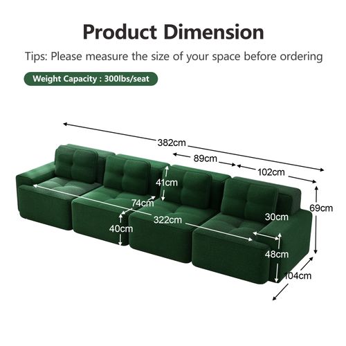 Canapé Modulable 4 Places 382x104x69 Cm Vert à Assise Profonde Avec 4 Coussins, Sans Montage