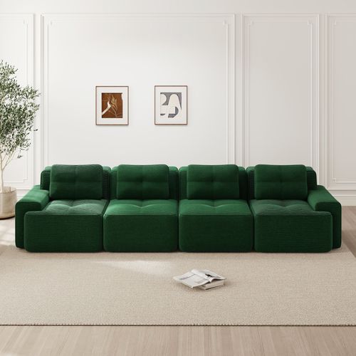 Canapé Modulable 4 Places 382x104x69 Cm Vert à Assise Profonde Avec 4 Coussins, Sans Montage