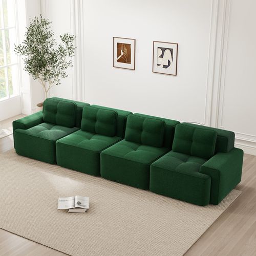 Canapé Modulable 4 Places 382x104x69 Cm Vert à Assise Profonde Avec 4 Coussins, Sans Montage