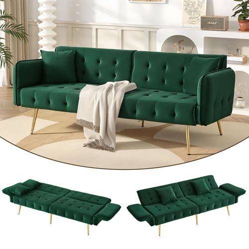 Canapé Convertible 2 Places 178 Cm, Velours Vert — Canapé-lit, Dossiers Et Accoudoirs Réglables