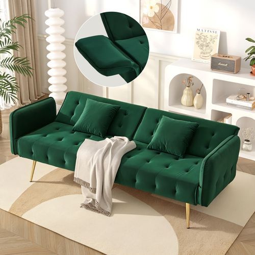 Canapé Convertible 2 Places 178 Cm, Velours Vert — Canapé-lit, Dossiers Et Accoudoirs Réglables