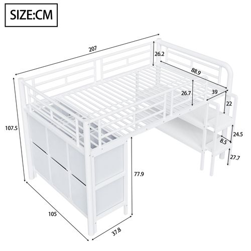 Lit Mi-haut Enfant 90x200 Cm Métal Blanc Avec 6 Tiroirs, Étagères Et Sommier à Lattes