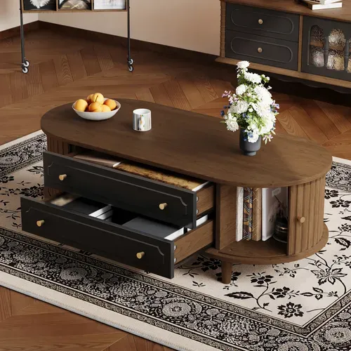 Table Basse Salon 100x50x36 Cm Bois Noyer Avec 2 Tiroirs Et 2 Portes Coulissantes