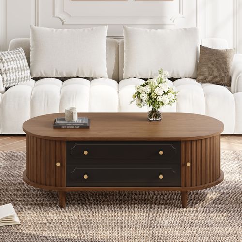 Table Basse Salon 100x50x36 Cm Bois Noyer Avec 2 Tiroirs Et 2 Portes Coulissantes