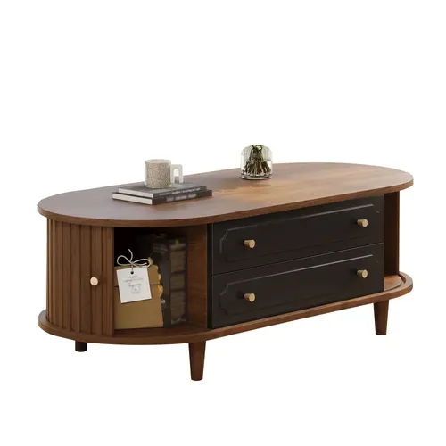 Table Basse Salon 100x50x36 Cm Bois Noyer Avec 2 Tiroirs Et 2 Portes Coulissantes