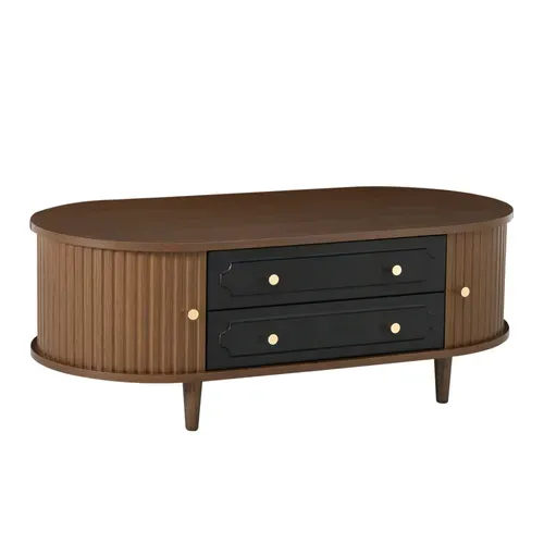 Table Basse Salon 100x50x36 Cm Bois Noyer Avec 2 Tiroirs Et 2 Portes Coulissantes