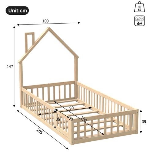 Lit Cabane Enfant 90x200 Cm Bois De Pin Naturel Avec Sommier à Lattes, Lit Au Sol