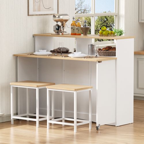 Meuble De Bar, Îlot Sur Roulettes Avec Plateau Rabattable 110x34 Cm Et 2 Tabourets, Blanc