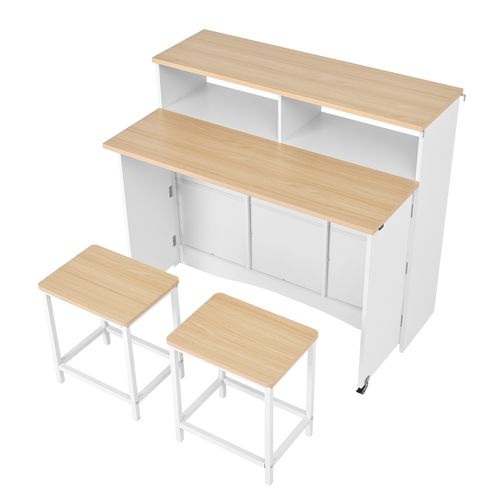 Meuble De Bar, Îlot Sur Roulettes Avec Plateau Rabattable 110x34 Cm Et 2 Tabourets, Blanc