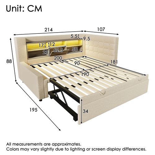 Lit Enfant Gigogne 90x190/200 Cm Extensible 180x200 Cm Avec LED, Ports USB/type-c, Lin Beige